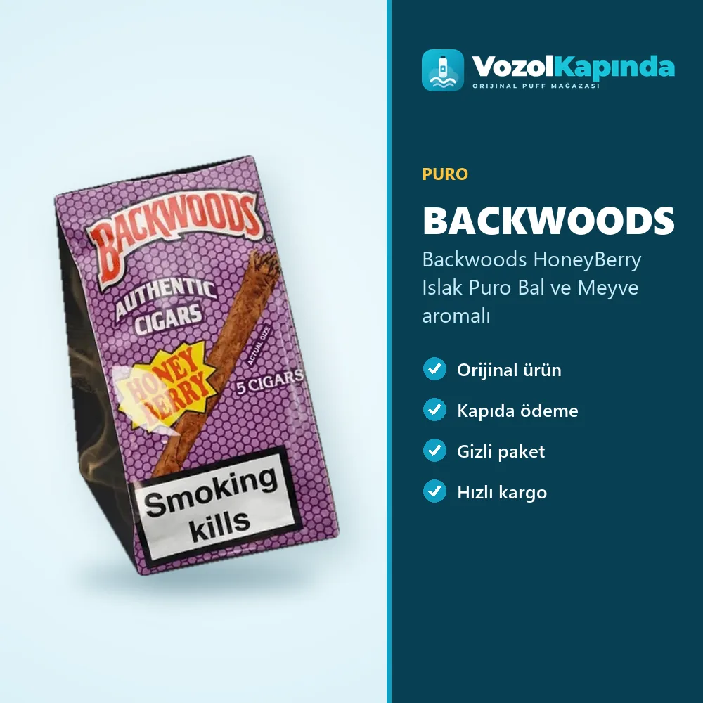 Backwoods HoneyBerry Islak Puro Bal ve Meyve aromalı Bilgi Kartı Backwoods HoneyBerry Islak Puro Bal ve Meyve aromalı sipariş avantajları: kapıda ödeme ve gizli paket