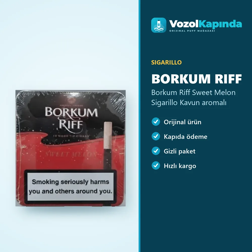 Borkum Riff Sweet Melon Sigarillo Kavun aromalı Bilgi Kartı Borkum Riff Sweet Melon Sigarillo Kavun aromalı özellikleri: orijinal ürün, kapıda ödeme, gizli paket