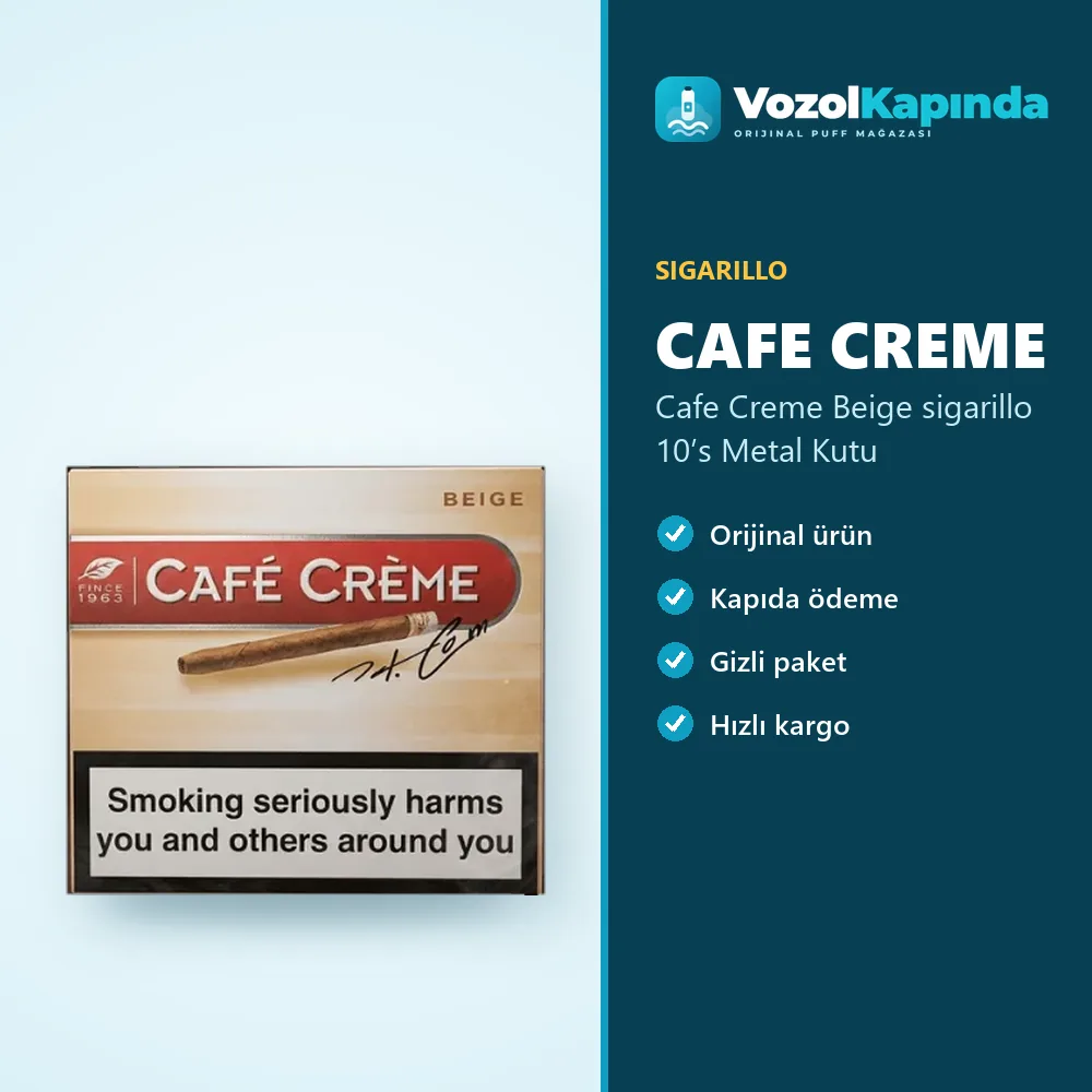 Cafe Creme Beige sigarillo 10’s Metal Kutu Bilgi Kartı Cafe Creme Beige sigarillo 10’s Metal Kutu özellikleri: orijinal ürün, kapıda ödeme, gizli paket