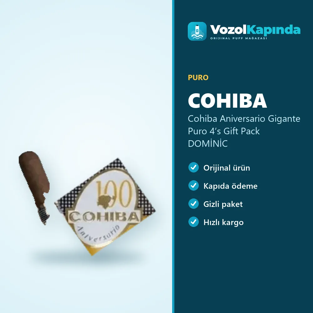 Cohiba Aniversario Gigante Puro 4’s Gift Pack DOMİNİC Özellikleri Cohiba Aniversario Gigante Puro 4’s Gift Pack DOMİNİC özellikleri: orijinal ürün, kapıda ödeme, gizli paket