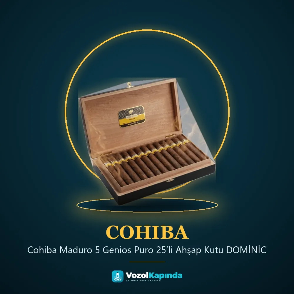 Cohiba Maduro 5 Genios Puro 25’li Ahşap Kutu DOMİNİC bilgi kartı, orijinal puro