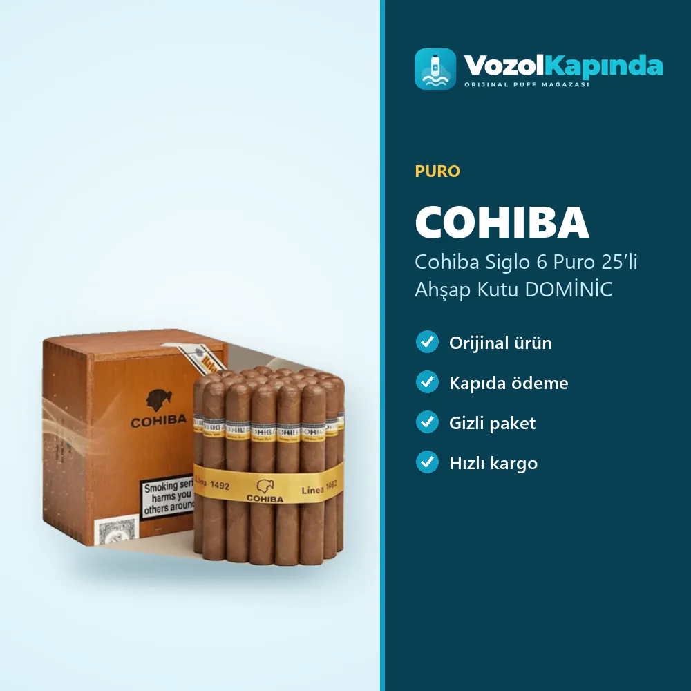 Cohiba Siglo 6 Puro 25’li Ahşap Kutu DOMİNİC Bilgi Kartı Cohiba Siglo 6 Puro 25’li Ahşap Kutu DOMİNİC özellikleri: orijinal ürün, kapıda ödeme, gizli paket