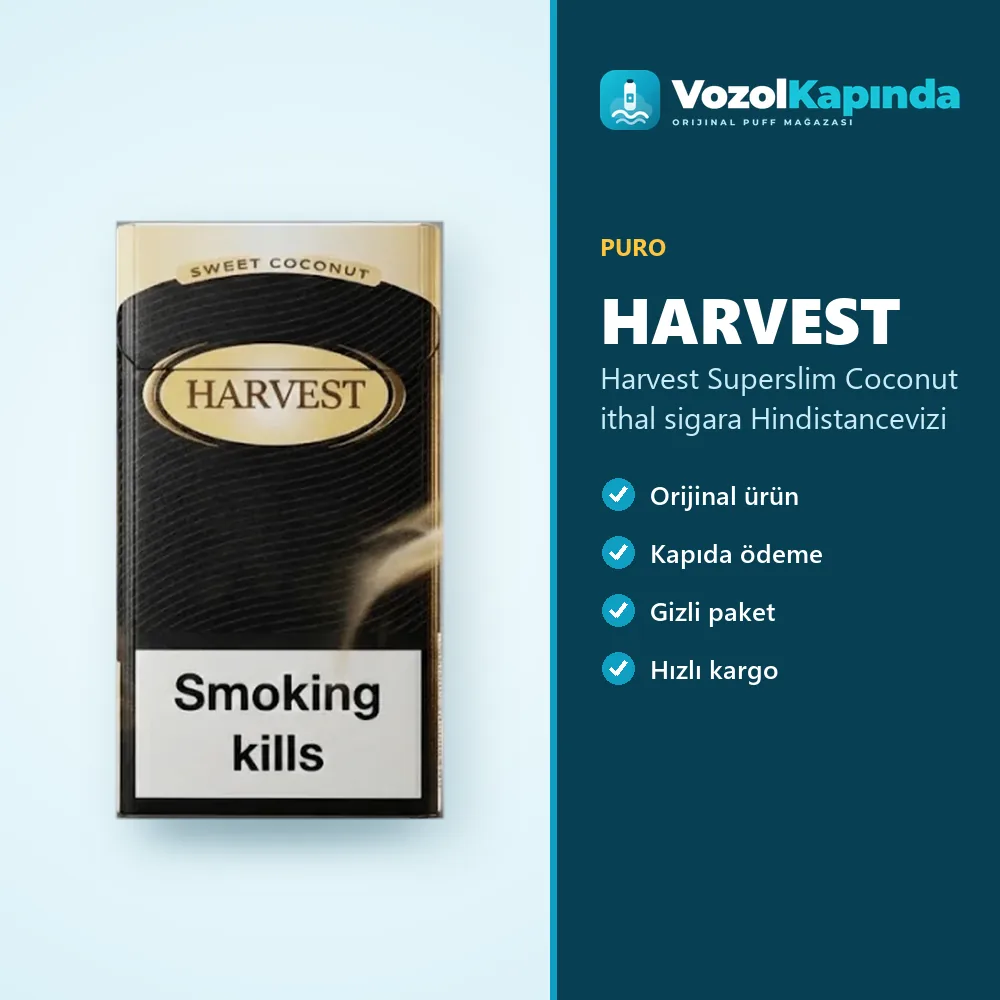 Harvest Superslim Coconut ithal sigara Hindistancevizi Bilgi Kartı Harvest Superslim Coconut ithal sigara Hindistancevizi özellikleri: orijinal ürün, kapıda ödeme, gizli paket