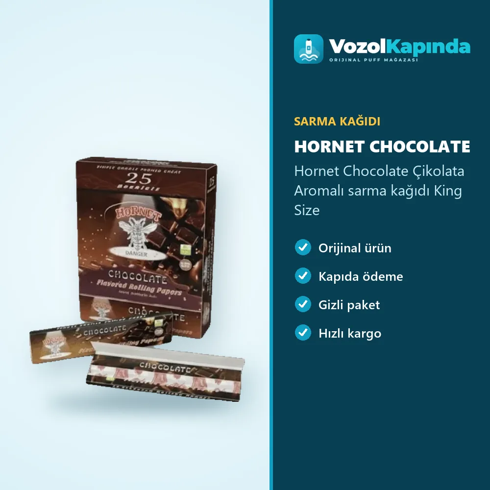 Hornet Chocolate Çikolata Aromalı sarma kağıdı King Size Bilgi Kartı Hornet Chocolate Çikolata Aromalı sarma kağıdı King Size bilgi kartı, orijinal sarma kağıdı