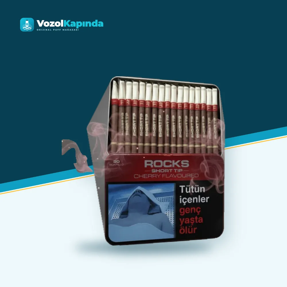 Rocks Short Cherry sigarillo Kiraz Aromalı 50’s Paket Görünümü Rocks Short Cherry sigarillo Kiraz Aromalı 50’s ön yüz görseli, orijinal ambalaj