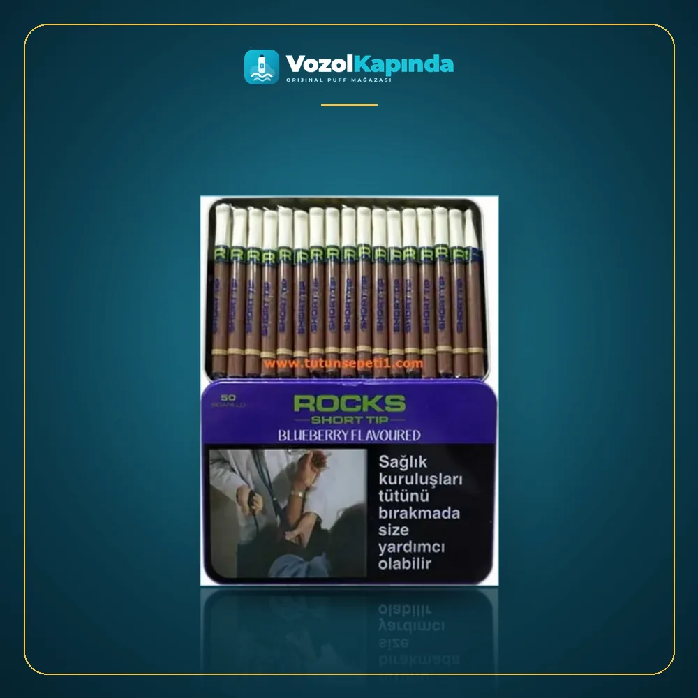 Rocks Short Tip Blueberry sigarillo Yaban Mersini aromalı 50’s Paket Görünümü Rocks Short Tip Blueberry sigarillo Yaban Mersini aromalı 50’s ürün görseli, orijinal sigarillo
