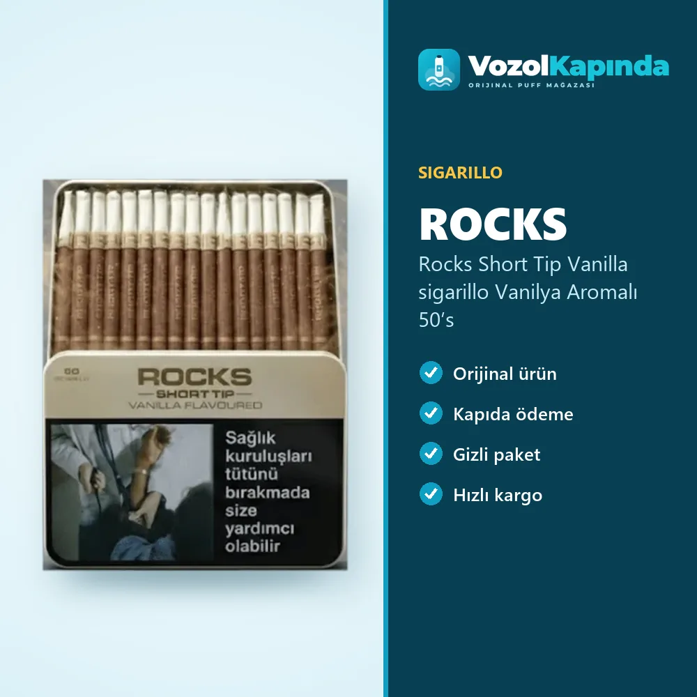 Rocks Short Tip Vanilla sigarillo Vanilya Aromalı 50’s bilgi kartı, orijinal sigarillo