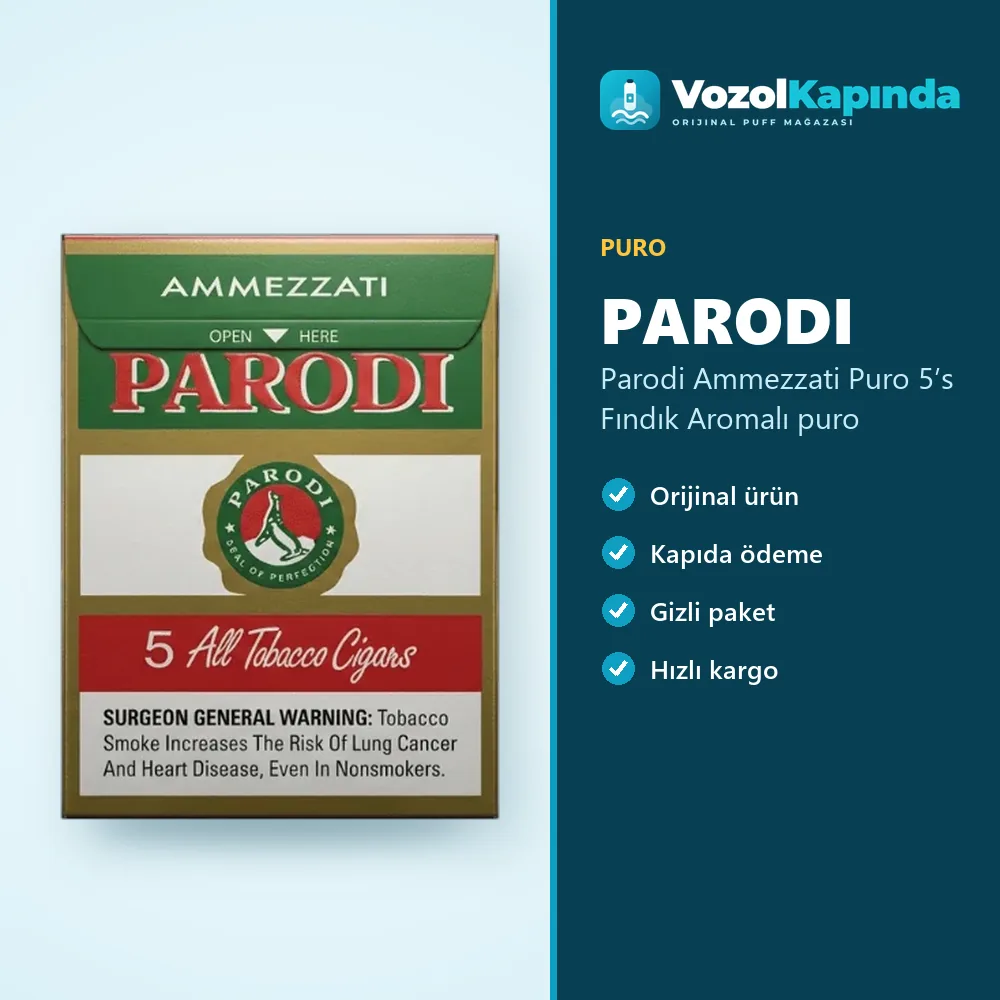 Parodi Ammezzati Puro 5’s Fındık Aromalı puro Sipariş Bilgileri Parodi Ammezzati Puro 5’s Fındık Aromalı puro bilgi kartı, orijinal puro
