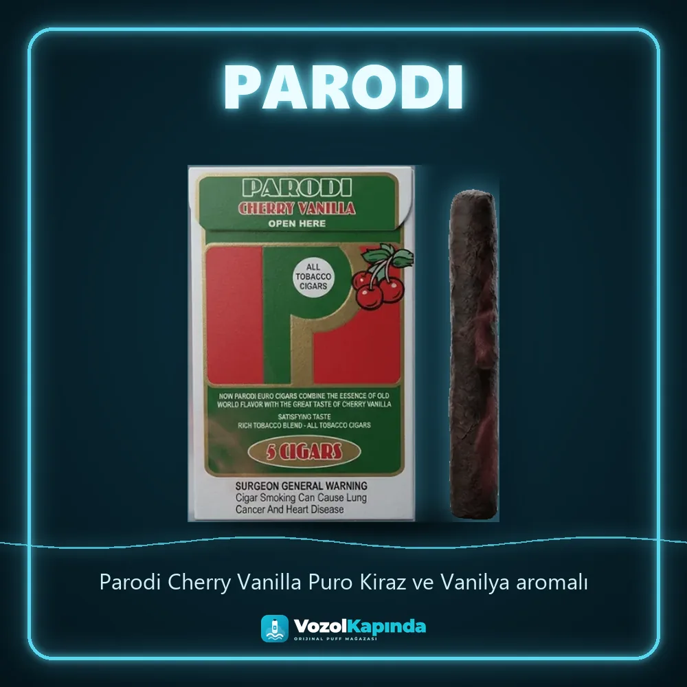 Parodi Cherry Vanilla Puro Kiraz ve Vanilya aromalı Sipariş Bilgileri Parodi Cherry Vanilla Puro Kiraz ve Vanilya aromalı bilgi kartı, orijinal puro
