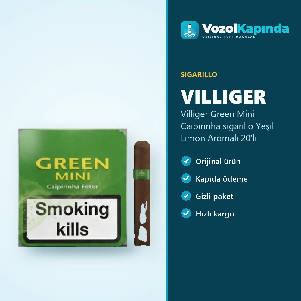 Villiger Green Mini Caipirinha sigarillo Yeşil Limon Aromalı 20’li Özellikleri Villiger Green Mini Caipirinha sigarillo Yeşil Limon Aromalı 20’li özellikleri: orijinal ürün, kapıda ödeme, gizli paket