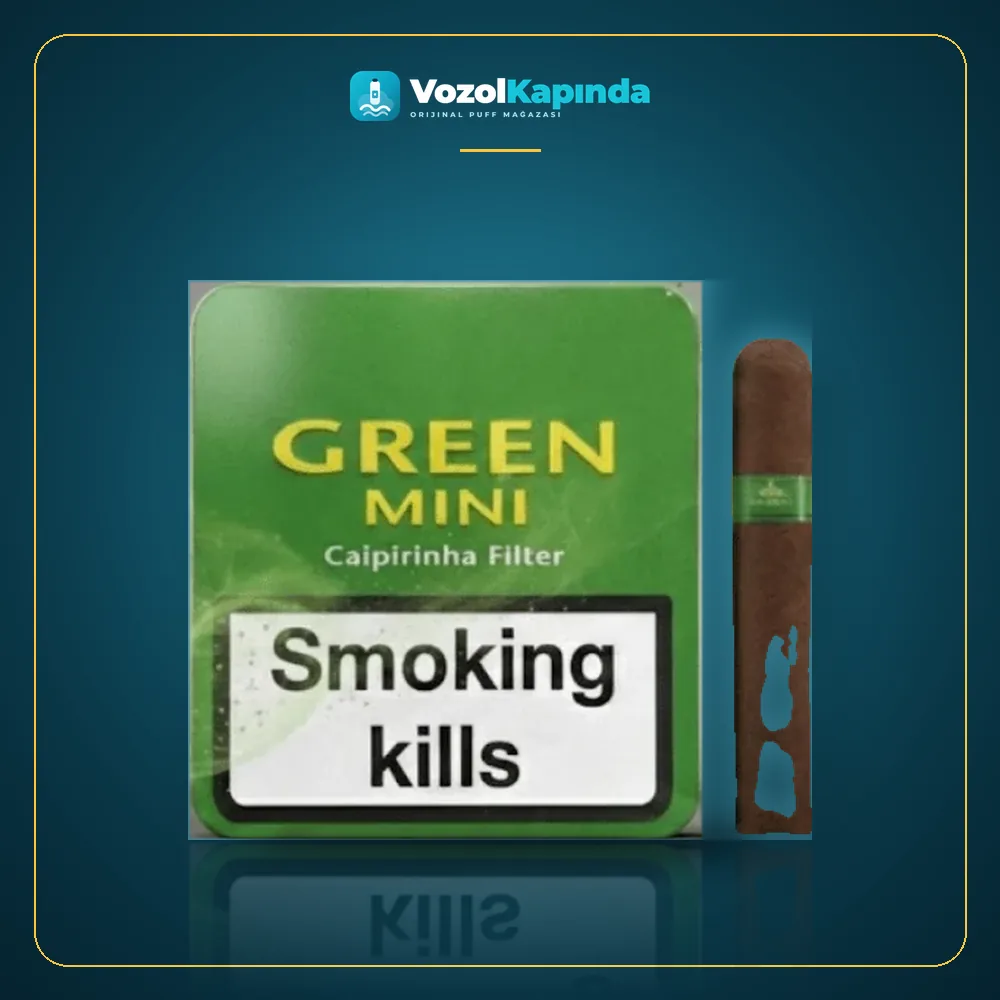 Villiger Green Mini Caipirinha sigarillo Yeşil Limon Aromalı 20’li Paket Görünümü Villiger Green Mini Caipirinha sigarillo Yeşil Limon Aromalı 20’li ön yüz görseli, orijinal ambalaj