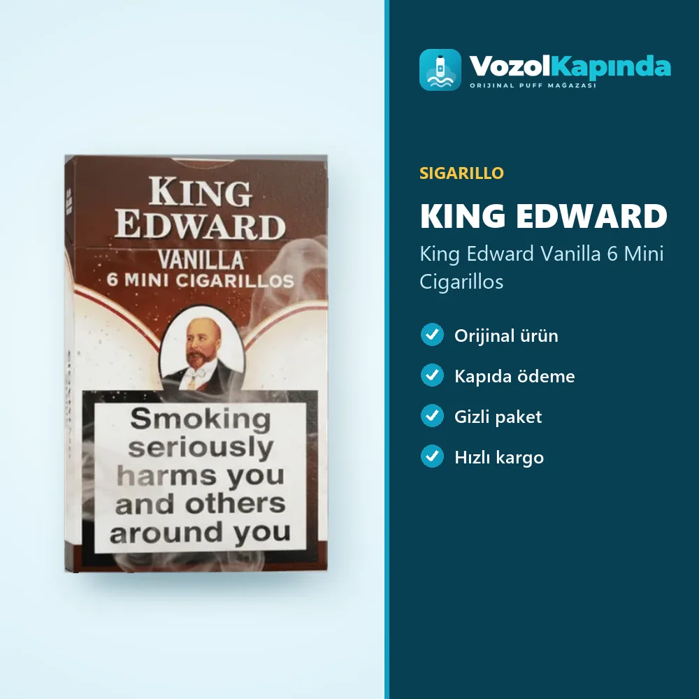 King Edward Vanilla 6 Mini Cigarillos Bilgi Kartı King Edward Vanilla 6 Mini Cigarillos sipariş avantajları: kapıda ödeme ve gizli paket