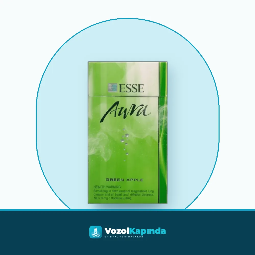 Esse Superslim Aura Green ithal sigara Elma Aromalı Paket Görünümü Esse Superslim Aura Green ithal sigara Elma Aromalı ön yüz görseli, orijinal ambalaj
