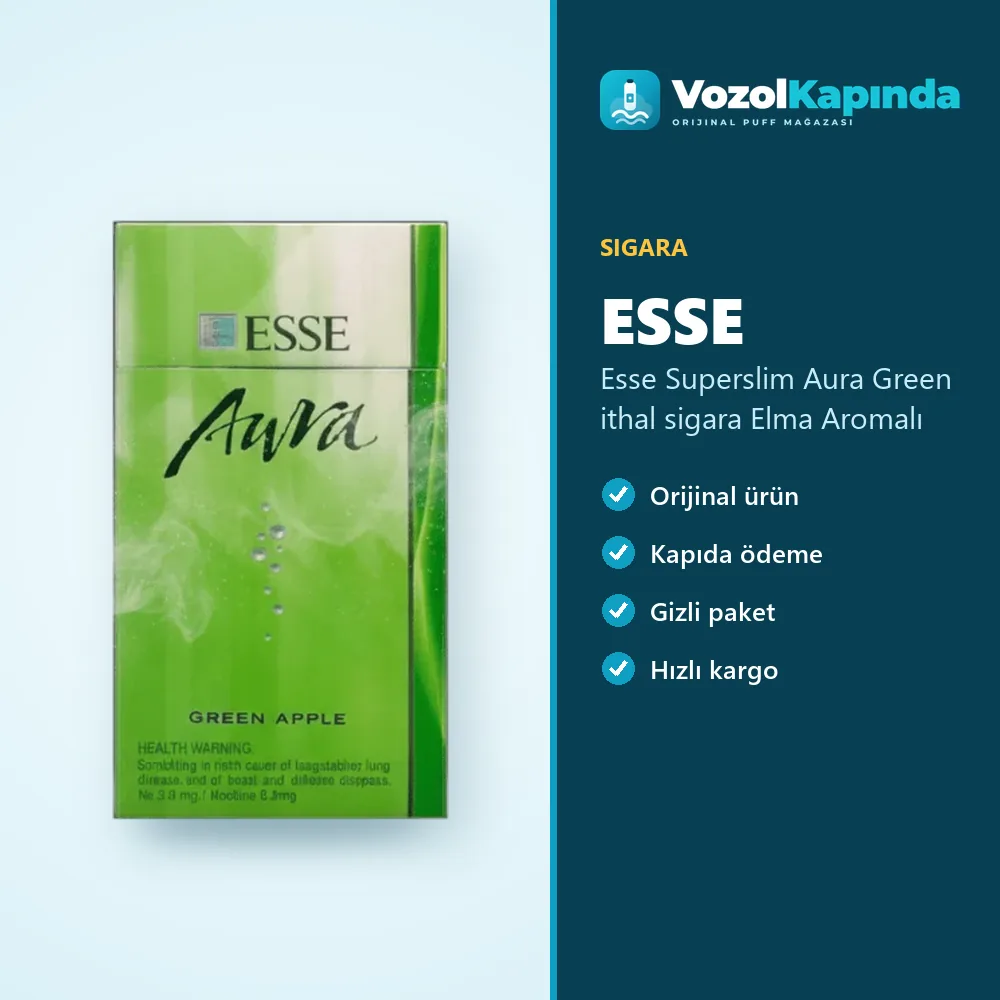 Esse Superslim Aura Green ithal sigara Elma Aromalı Bilgi Kartı Esse Superslim Aura Green ithal sigara Elma Aromalı özellikleri: orijinal ürün, kapıda ödeme, gizli paket