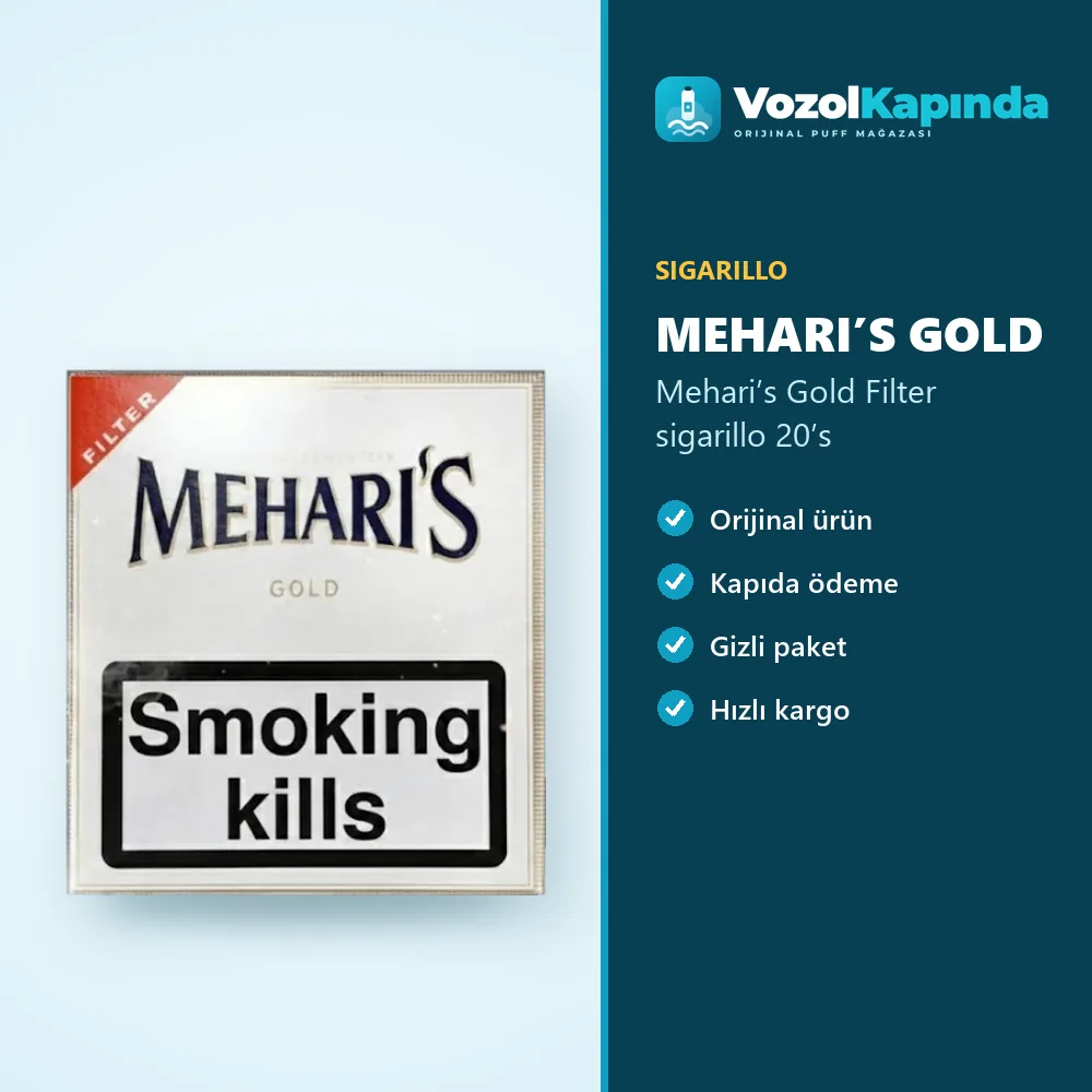 Mehari’s Gold Filter sigarillo 20’s bilgi kartı, orijinal sigarillo