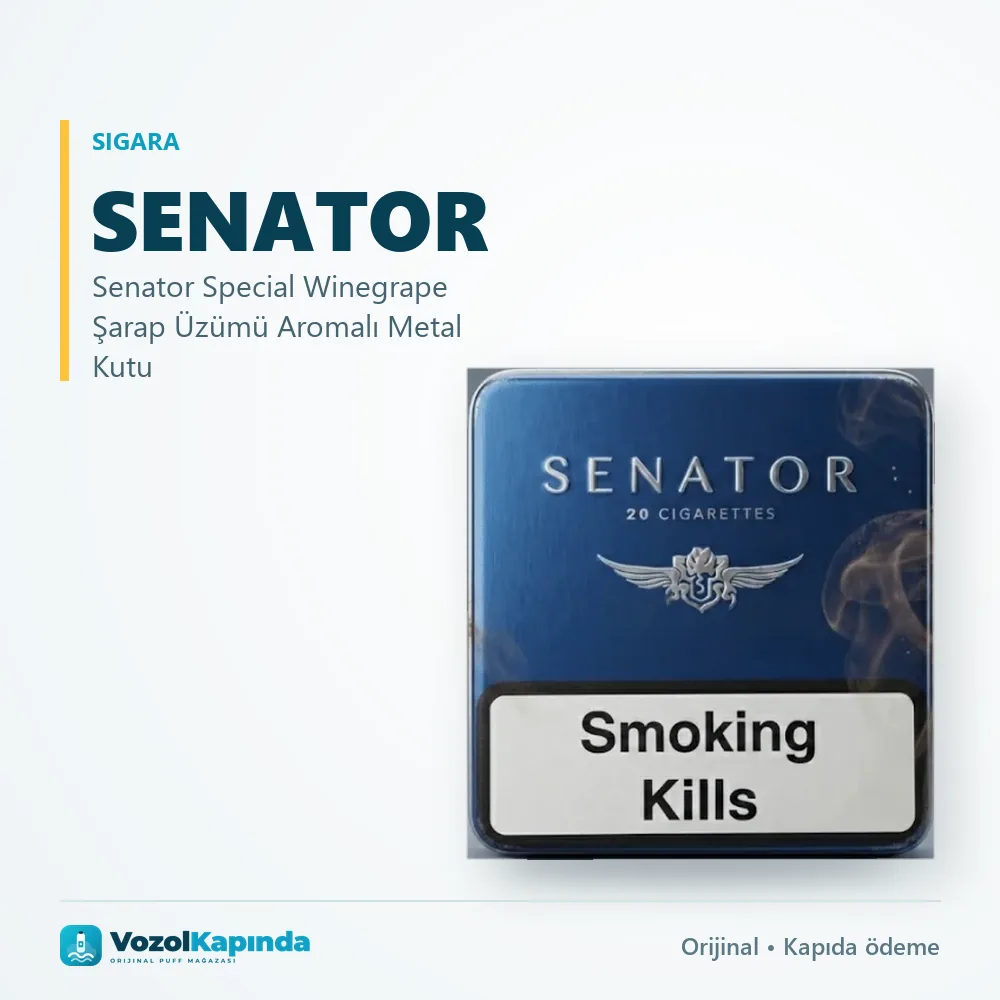 Senator Special Winegrape Şarap Üzümü Aromalı Metal Kutu Bilgi Kartı Senator Special Winegrape Şarap Üzümü Aromalı Metal Kutu bilgi kartı, orijinal sigara