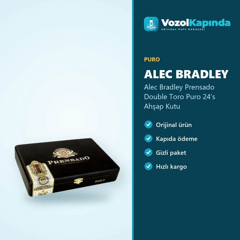 Alec Bradley Prensado Double Toro Puro 24’s Ahşap Kutu bilgi kartı, orijinal puro