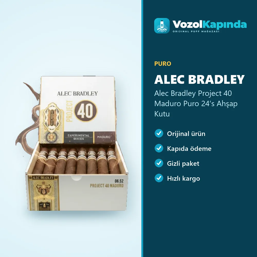 Alec Bradley Project 40 Maduro Puro 24’s Ahşap Kutu Özellikleri Alec Bradley Project 40 Maduro Puro 24’s Ahşap Kutu sipariş avantajları: kapıda ödeme ve gizli paket