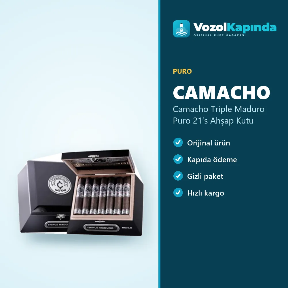 Camacho Triple Maduro Puro 21’s Ahşap Kutu Bilgi Kartı Camacho Triple Maduro Puro 21’s Ahşap Kutu özellikleri: orijinal ürün, kapıda ödeme, gizli paket