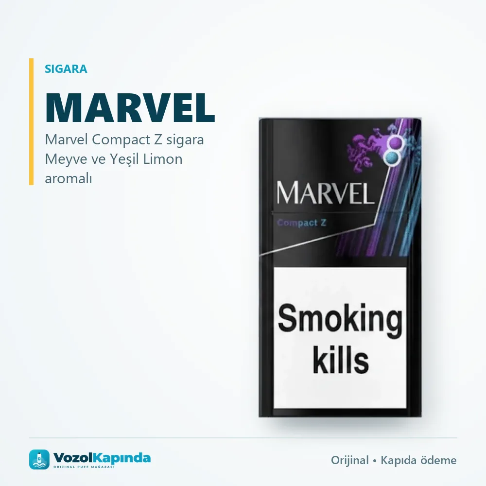 Marvel Compact Z sigara Meyve ve Yeşil Limon aromalı bilgi kartı, orijinal sigara