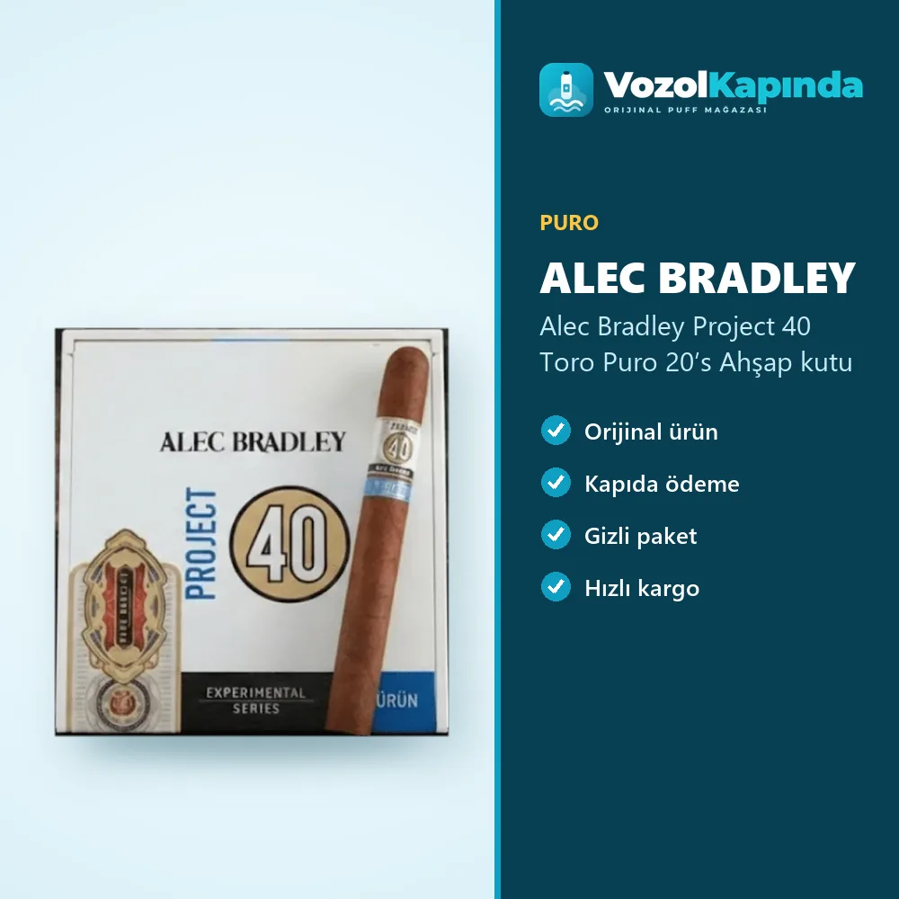 Alec Bradley Project 40 Toro Puro 20’s Ahşap kutu Bilgi Kartı Alec Bradley Project 40 Toro Puro 20’s Ahşap kutu bilgi kartı, orijinal puro