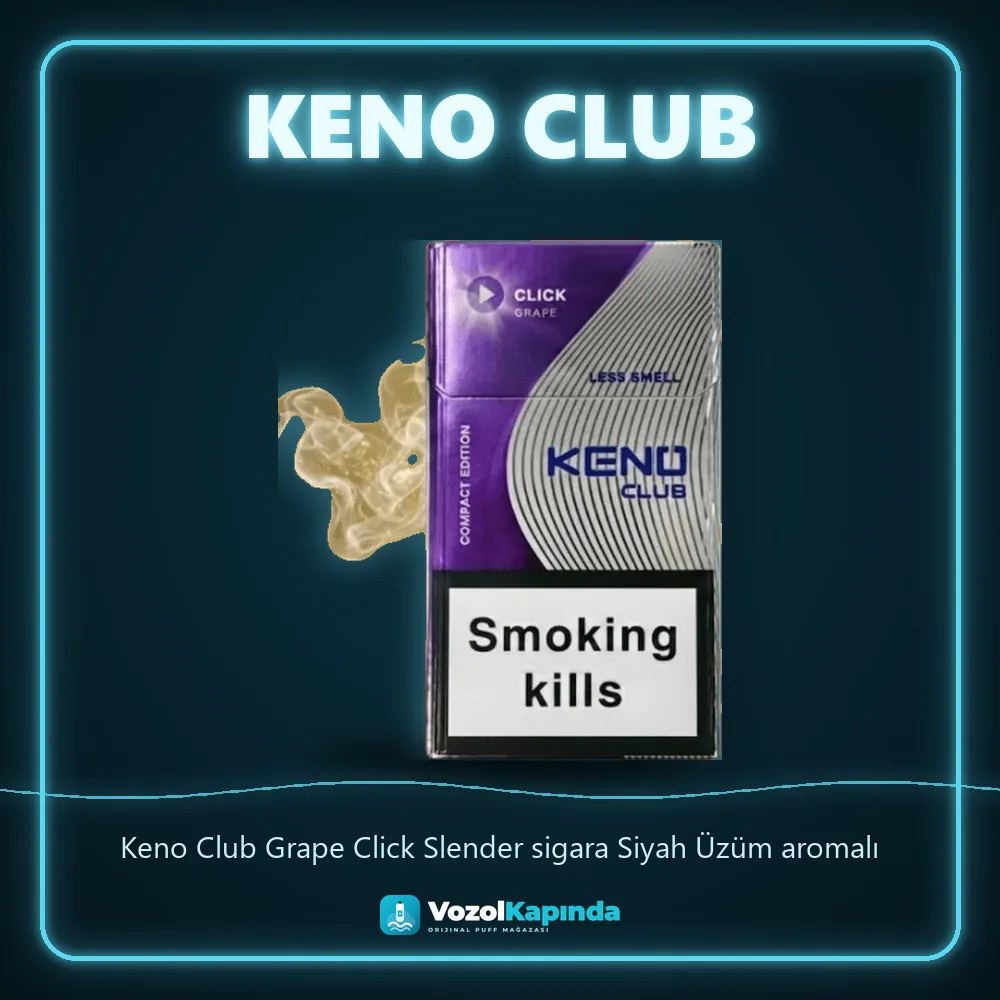 Keno Club Grape Click Slender sigara Siyah Üzüm aromalı Bilgi Kartı Keno Club Grape Click Slender sigara Siyah Üzüm aromalı sipariş avantajları: kapıda ödeme ve gizli paket