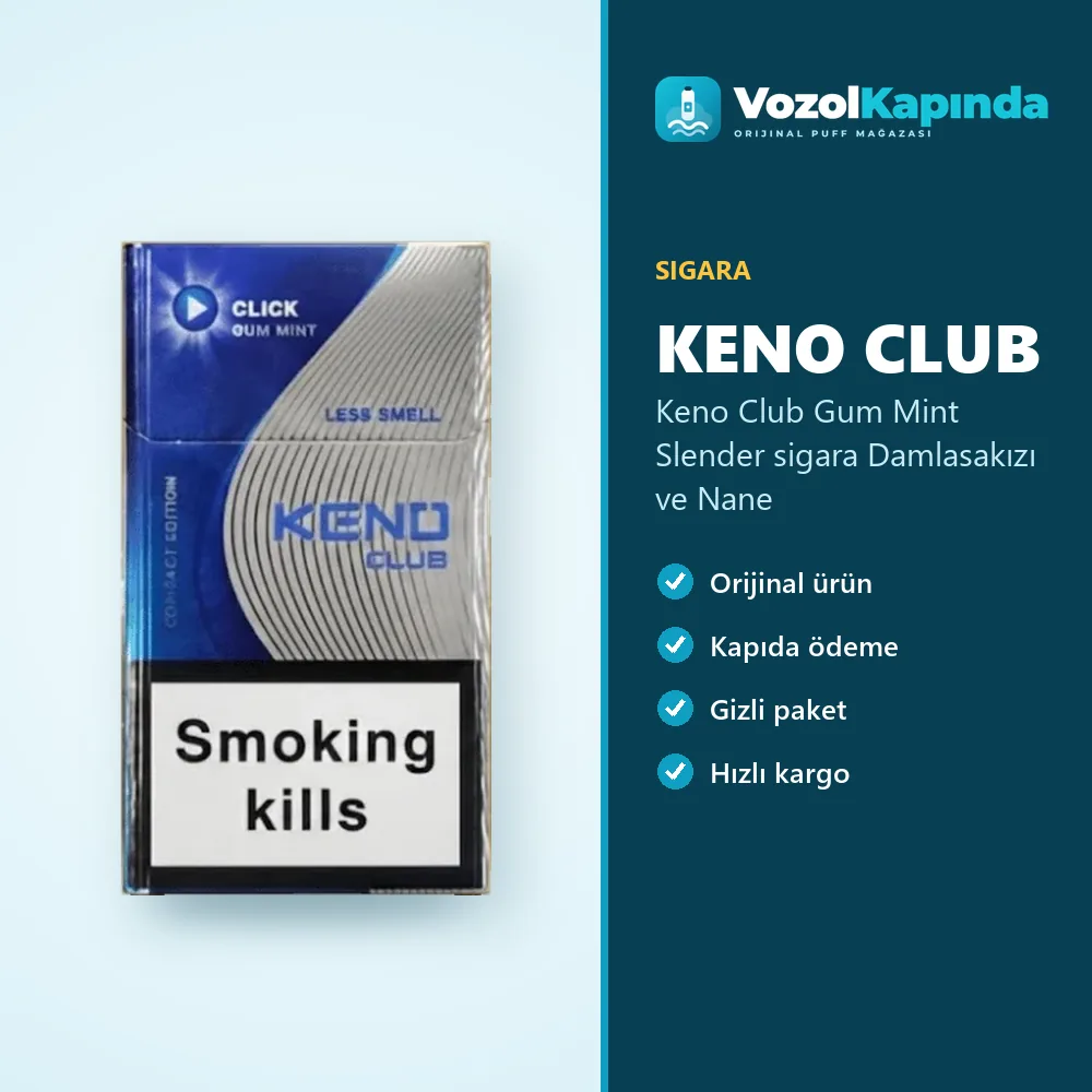 Keno Club Gum Mint Slender sigara Damlasakızı ve Nane Özellikleri Keno Club Gum Mint Slender sigara Damlasakızı ve Nane bilgi kartı, orijinal sigara