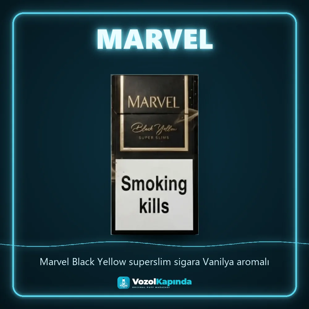 Marvel Black Yellow superslim sigara Vanilya aromalı Bilgi Kartı Marvel Black Yellow superslim sigara Vanilya aromalı bilgi kartı, orijinal puro