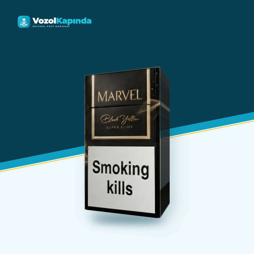 Marvel Black Yellow superslim sigara Vanilya aromalı Ürün Görseli Marvel Black Yellow superslim sigara Vanilya aromalı ön yüz görseli, orijinal ambalaj