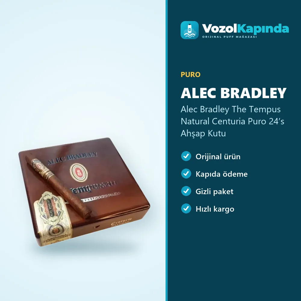 Alec Bradley The Tempus Natural Centuria Puro 24’s Ahşap Kutu bilgi kartı, orijinal puro