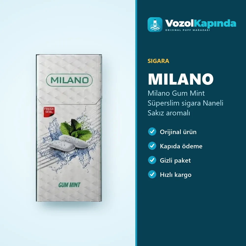 Milano Gum Mint Süperslim sigara Naneli Sakız aromalı bilgi kartı, orijinal sigara