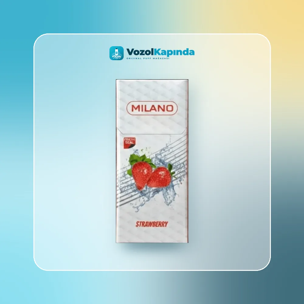 Milano Strawberry Süperslim sigara Çilek aromalı Ürün Görseli Milano Strawberry Süperslim sigara Çilek aromalı ön yüz görseli, orijinal ambalaj