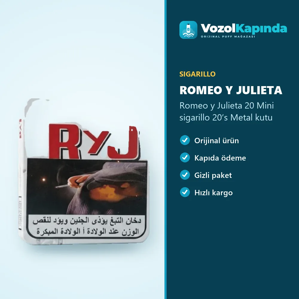 Romeo y Julieta 20 Mini sigarillo 20’s Metal kutu Bilgi Kartı Romeo y Julieta 20 Mini sigarillo 20’s Metal kutu bilgi kartı, orijinal sigarillo