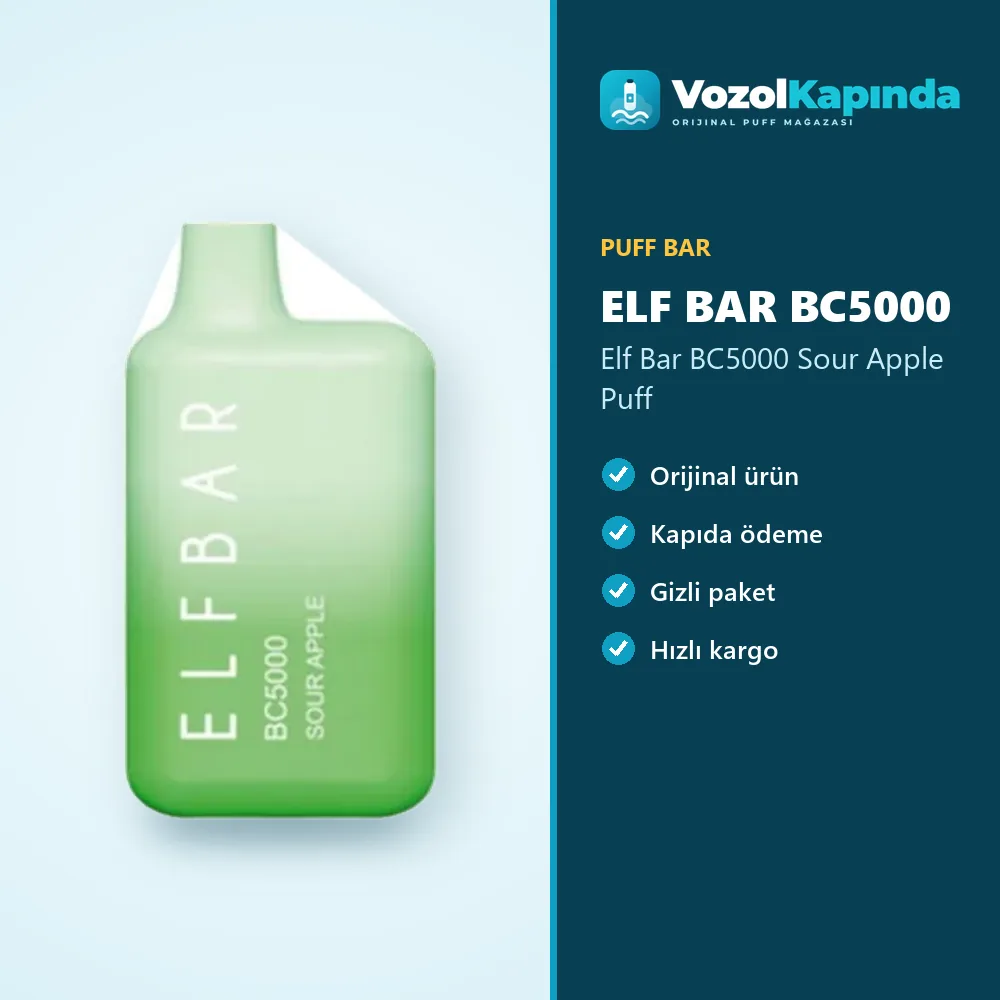 Elf Bar BC5000 Sour Apple Puff Bilgi Kartı Elf Bar BC5000 Sour Apple Puff özellikleri: orijinal ürün, kapıda ödeme, gizli paket