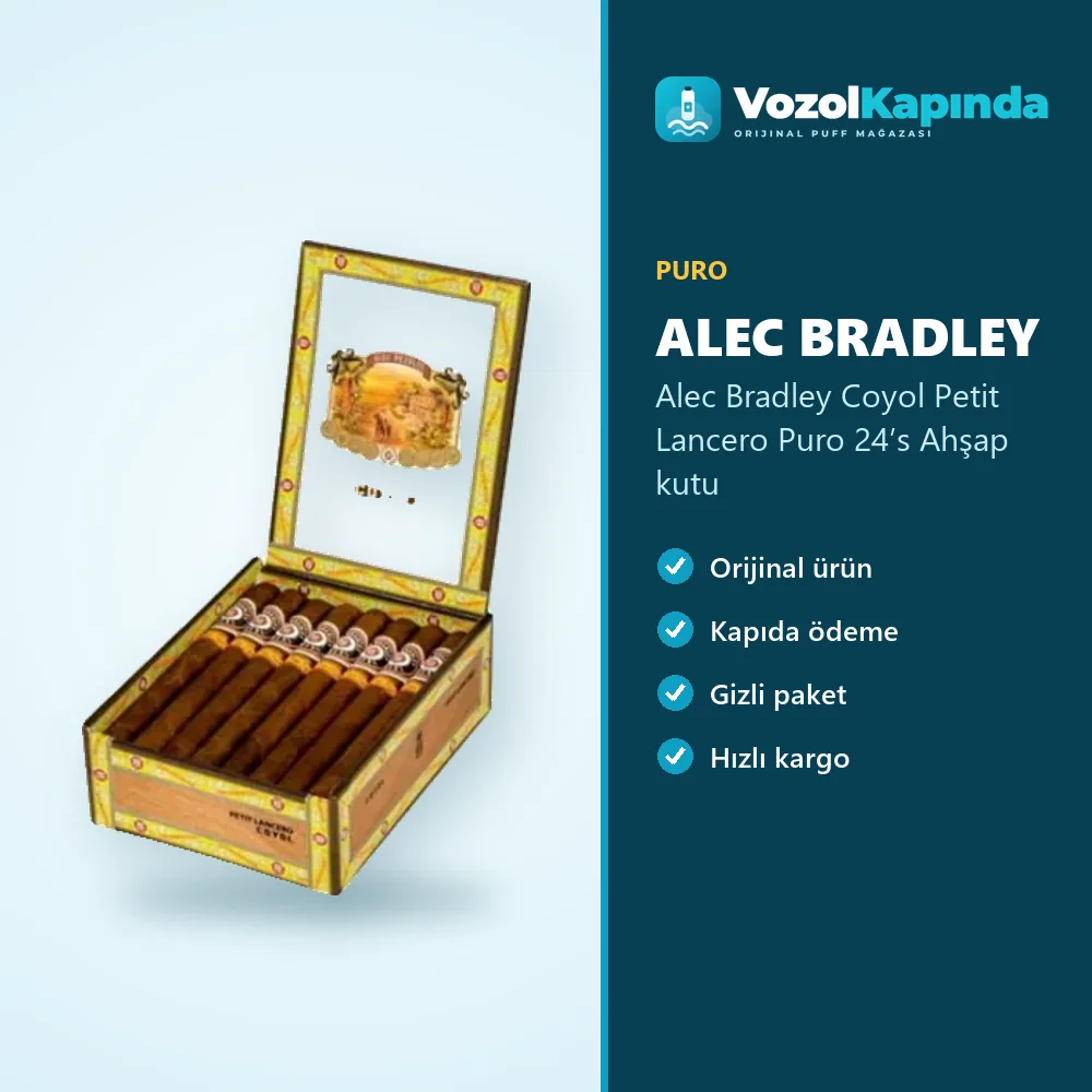 Alec Bradley Coyol Petit Lancero Puro 24’s Ahşap kutu Sipariş Bilgileri Alec Bradley Coyol Petit Lancero Puro 24’s Ahşap kutu özellikleri: orijinal ürün, kapıda ödeme, gizli paket