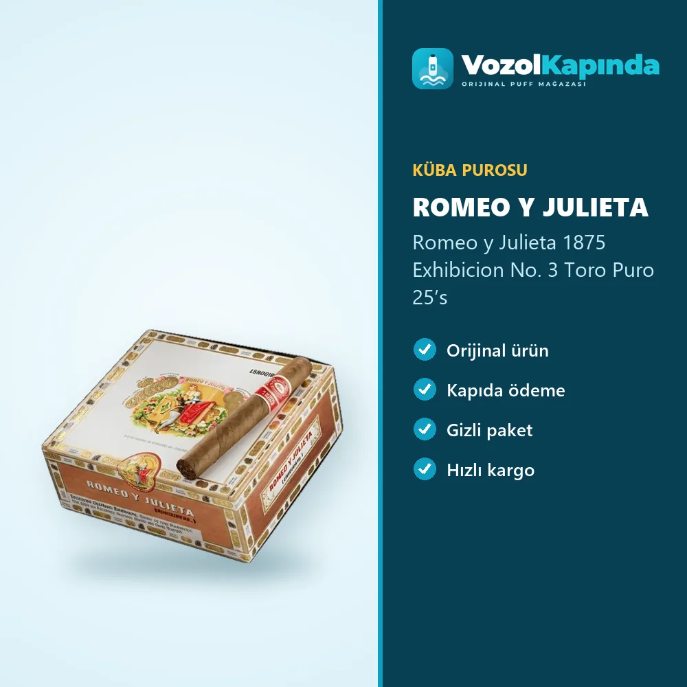 Romeo y Julieta 1875 Exhibicion No. 3 Toro Puro 25’s bilgi kartı, orijinal Küba purosu