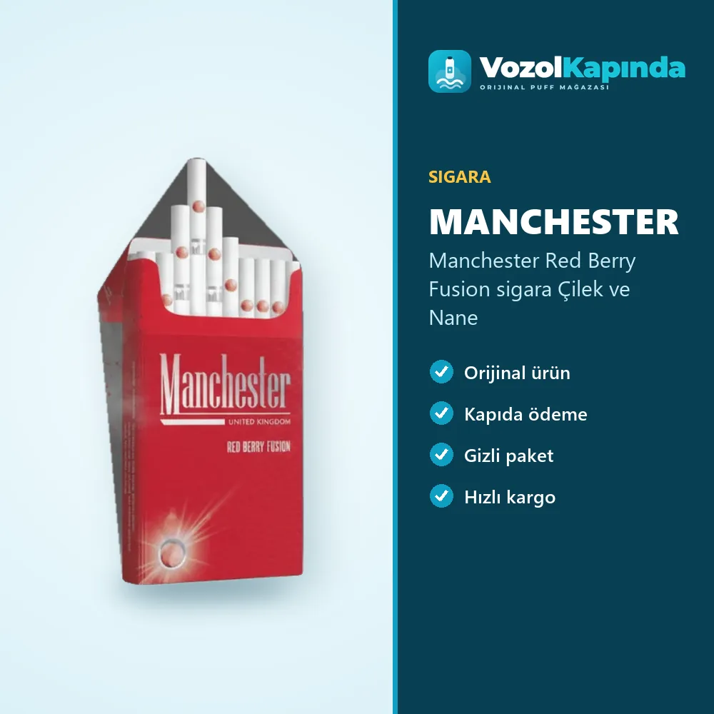 Manchester Red Berry Fusion sigara Çilek ve Nane Özellikleri Manchester Red Berry Fusion sigara Çilek ve Nane sipariş avantajları: kapıda ödeme ve gizli paket