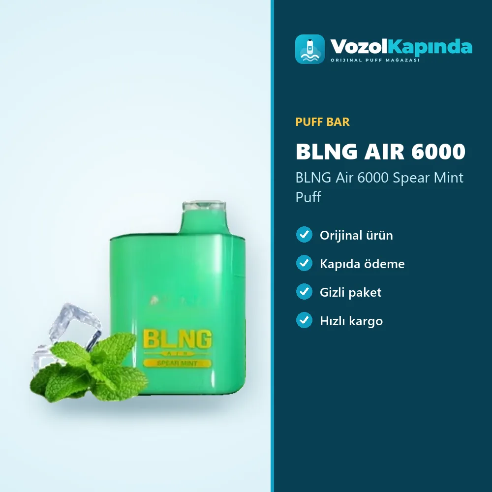 BLNG Air 6000 Spear Mint Puff Özellikleri BLNG Air 6000 Spear Mint Puff sipariş avantajları: kapıda ödeme ve gizli paket