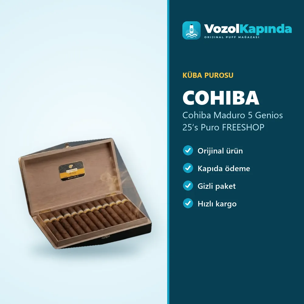 Cohiba Maduro 5 Genios 25’s Puro FREESHOP Özellikleri Cohiba Maduro 5 Genios 25’s Puro FREESHOP özellikleri: orijinal ürün, kapıda ödeme, gizli paket