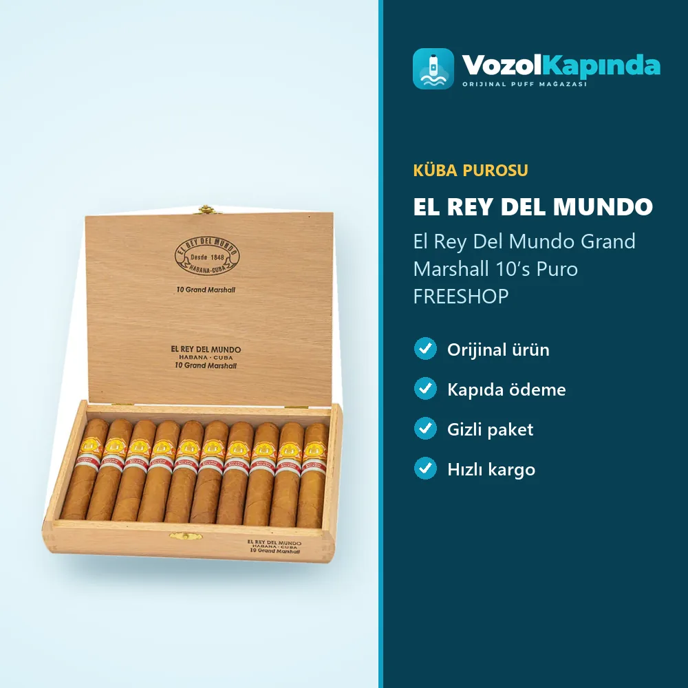 El Rey Del Mundo Grand Marshall 10’s Puro FREESHOP bilgi kartı, orijinal Küba purosu