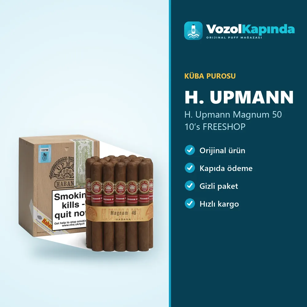 H. Upmann Magnum 50 10’s FREESHOP Sipariş Bilgileri H. Upmann Magnum 50 10’s FREESHOP bilgi kartı, orijinal Küba purosu