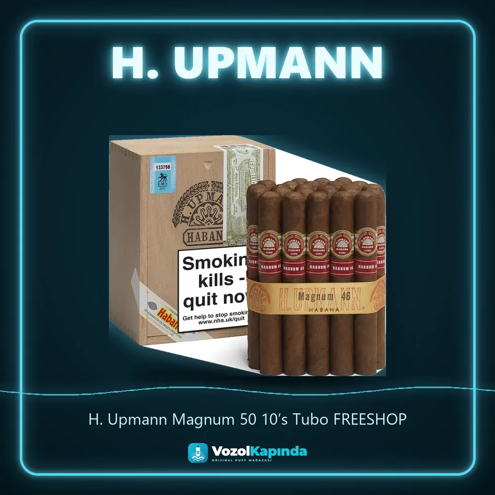 H. Upmann Magnum 50 10’s Tubo FREESHOP bilgi kartı, orijinal Küba purosu