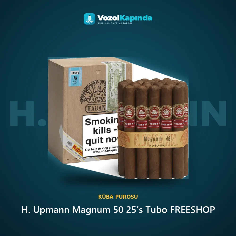 H. Upmann Magnum 50 25’s Tubo FREESHOP bilgi kartı, orijinal Küba purosu