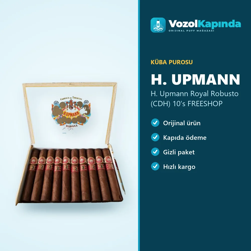 H. Upmann Royal Robusto (CDH) 10’s FREESHOP Sipariş Bilgileri H. Upmann Royal Robusto (CDH) 10’s FREESHOP bilgi kartı, orijinal Küba purosu