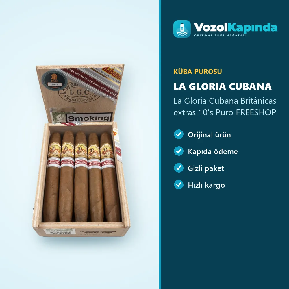 La Gloria Cubana Británicas extras 10’s Puro FREESHOP Sipariş Bilgileri La Gloria Cubana Británicas extras 10’s Puro FREESHOP bilgi kartı, orijinal Küba purosu
