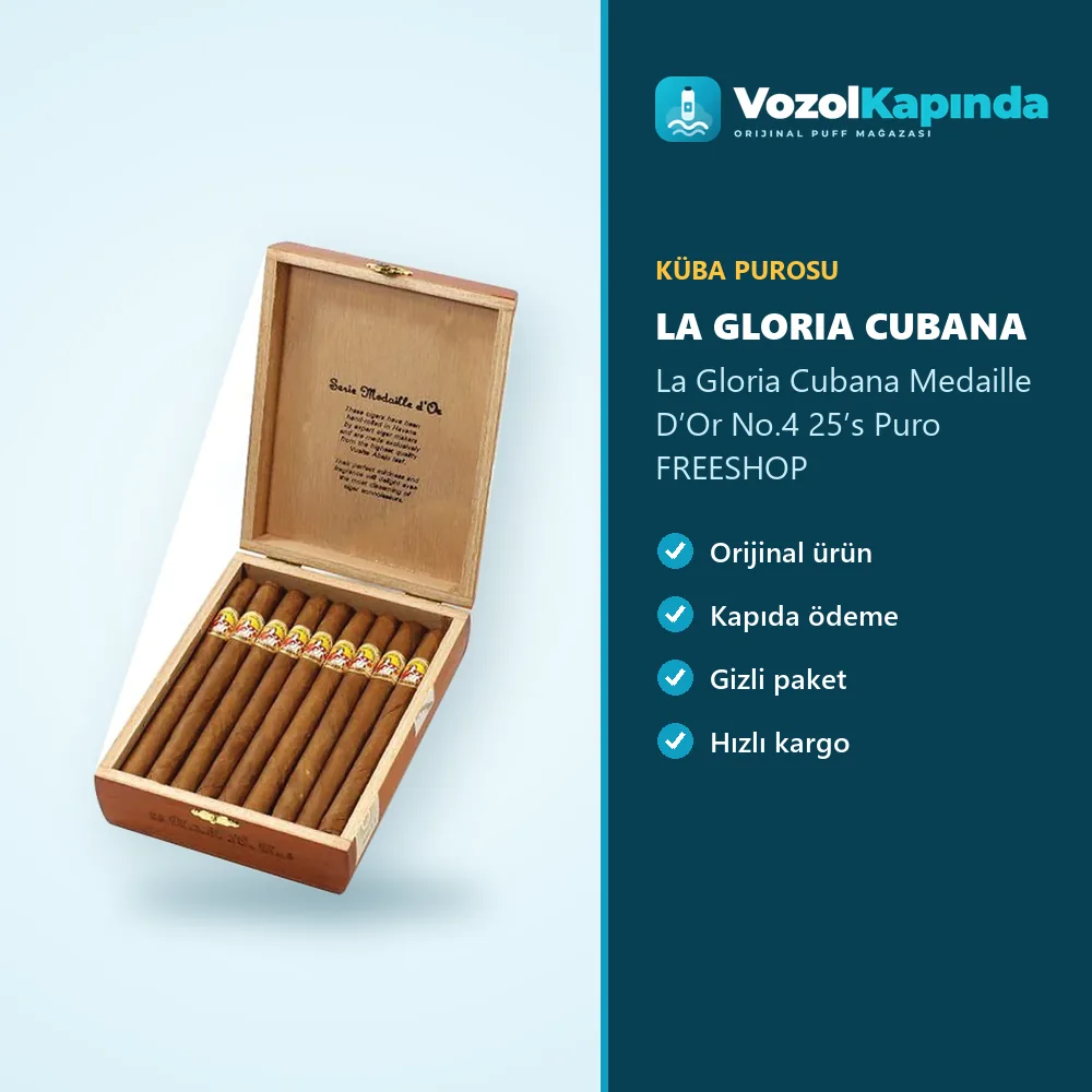 La Gloria Cubana Medaille D’Or No.4 25’s Puro FREESHOP Bilgi Kartı La Gloria Cubana Medaille D’Or No.4 25’s Puro FREESHOP bilgi kartı, orijinal Küba purosu
