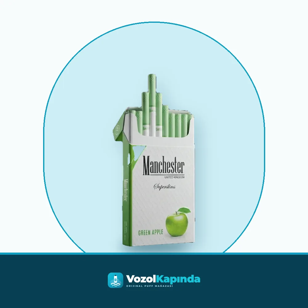 Manchester Green Apple Super Slim Sigara Yeşil Elma Aromalı Paket Görünümü Manchester Green Apple Super Slim Sigara Yeşil Elma Aromalı ürün görseli, orijinal sigara