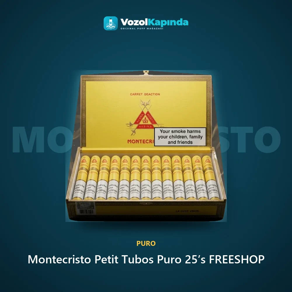 Montecristo Petit Tubos Puro 25’s FREESHOP bilgi kartı, orijinal puro