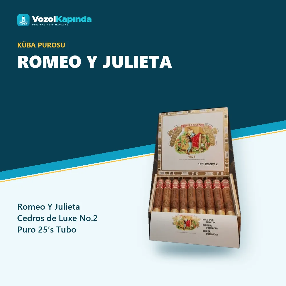 Romeo Y Julieta Cedros de Luxe No.2 Puro 25’s Tubo FREESHOP bilgi kartı, orijinal Küba purosu
