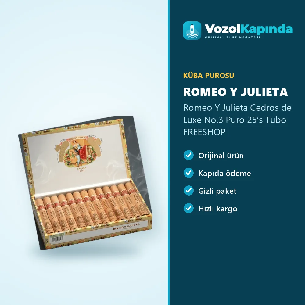Romeo Y Julieta Cedros de Luxe No.3 Puro 25’s Tubo FREESHOP bilgi kartı, orijinal Küba purosu